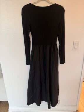 Commense Black Long Sleeve Gathered-Waist Midi Dress